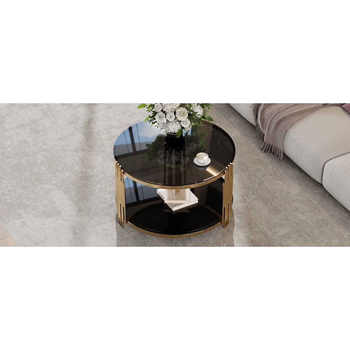 Modern Black Mirror Coffee Table, Asymmetrical Metal, Circular Metal Drum Base, Gold Finish & Lower Shelf