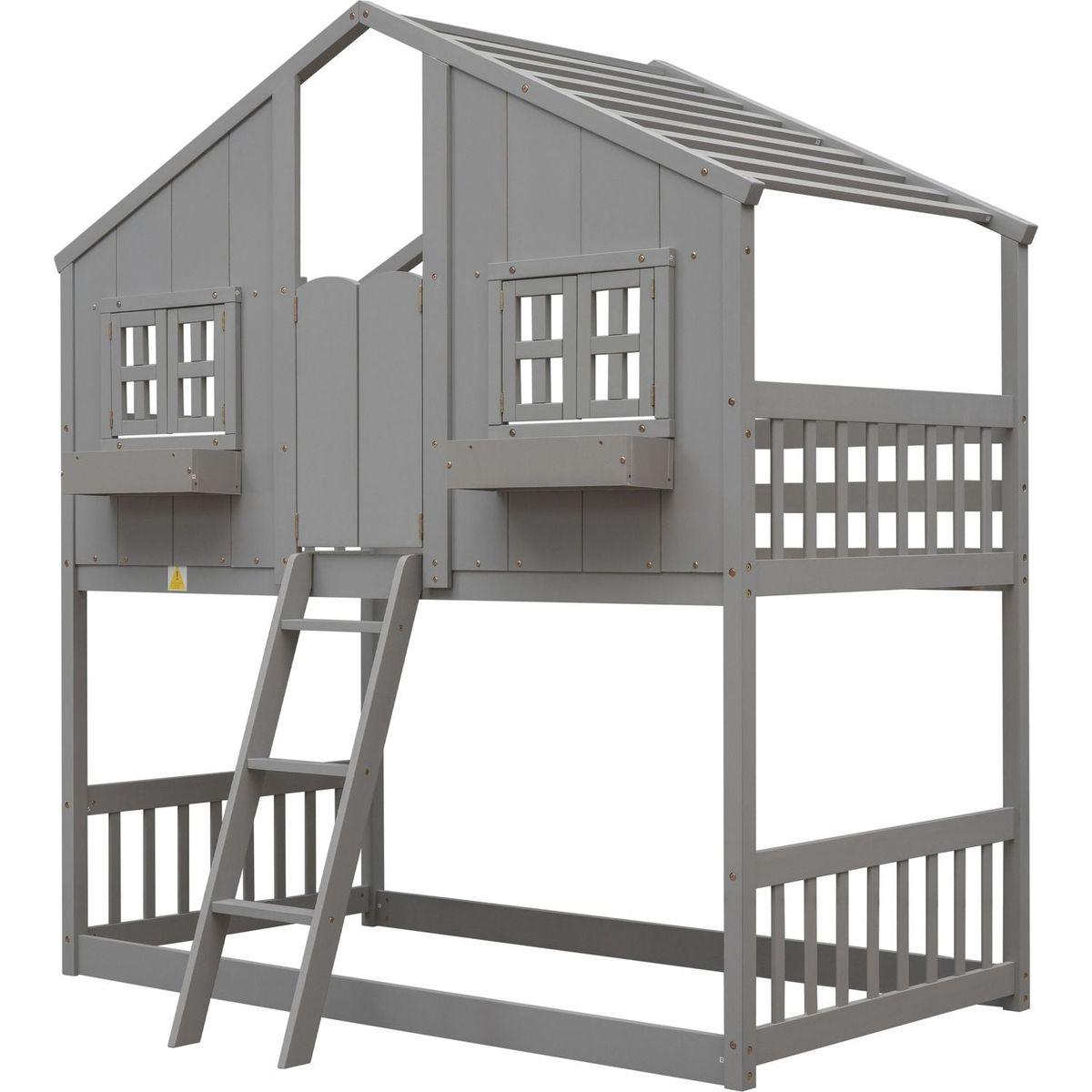 Twin over Twin House Bunk Bed with Roof, Window, Window Box, Door, with Safety Guardrails and Ladder, Grey