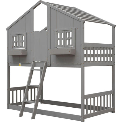 Twin over Twin House Bunk Bed with Roof, Window, Window Box, Door, with Safety Guardrails and Ladder, Grey