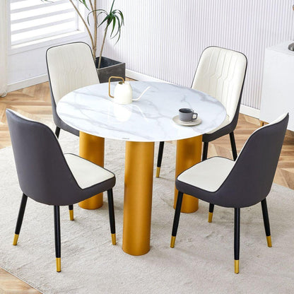 Table and chair set, round table with white marble pattern, gold MDF table legs, soft and comfortable dining chair, suitable for kitchen and living room