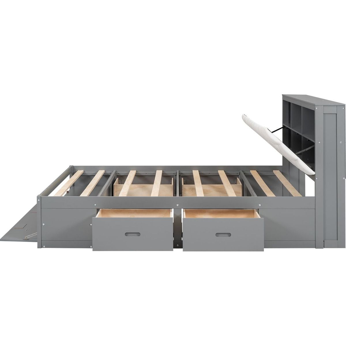 Wood Queen Size Platform Bed with Storage Headboard, shoe rack and 4 drawers,Gray
