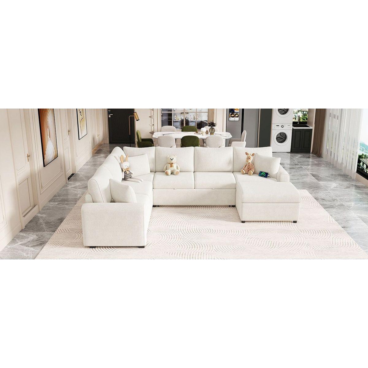 112.2" Sectional Sofa Pull-out Sofa Bed Sleeper with a Storage Ottoman,Three Pillows and Charging Devices for Living Room, Cream
