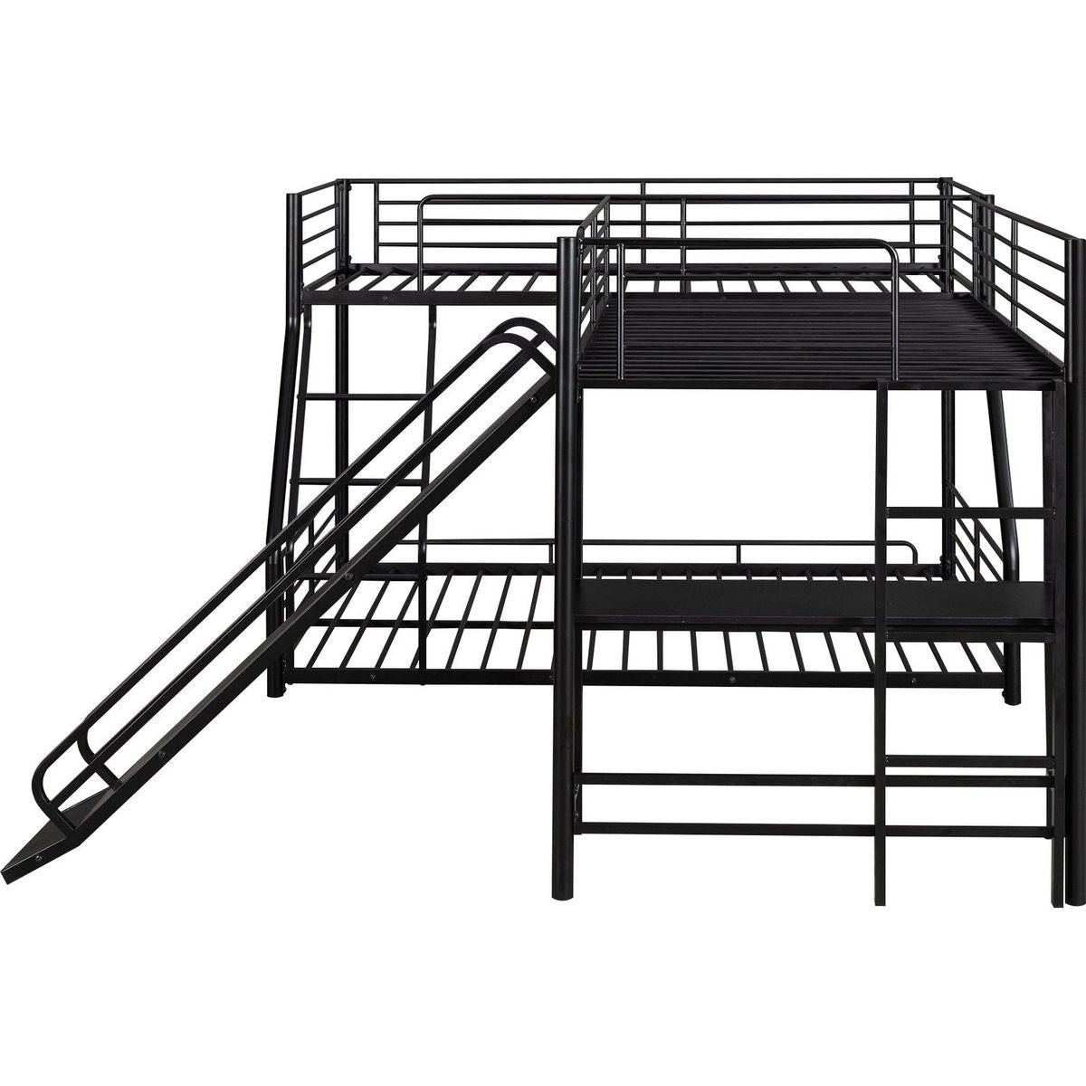 L-Shaped Twin over Full Bunk Bed with Twin Size Loft Bed,Built-in Desk and Slide,Black