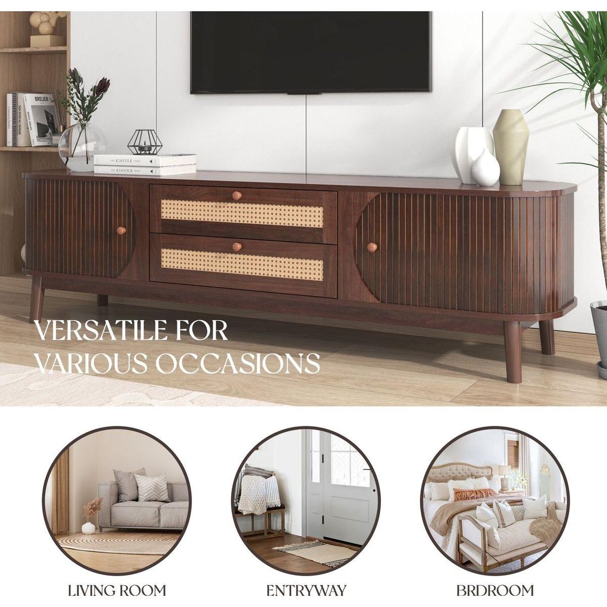 Rattan TV Stand for TVs up to 75", Modern Farmhouse Media Console, Entertainment Center with Solid Wood Legs, TV Cabinet for Living Room,Home Theatre