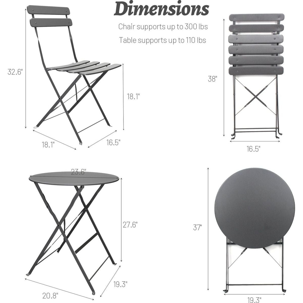 3 Pieces Patio Bistro Balcony Metail Chair Table Set-Gray