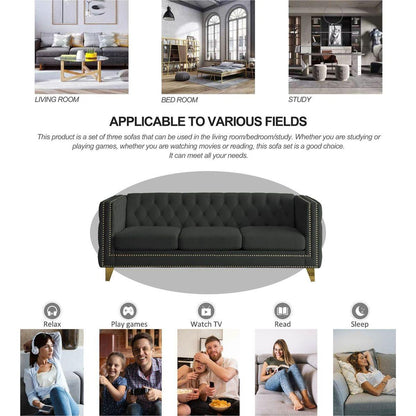 Velvet Sofa for Living Room,Buttons Tufted Square Arm Couch, Modern Couch Upholstered Button and Metal Legs, Sofa Couch for Bedroom, Black Velvet, 2PCS