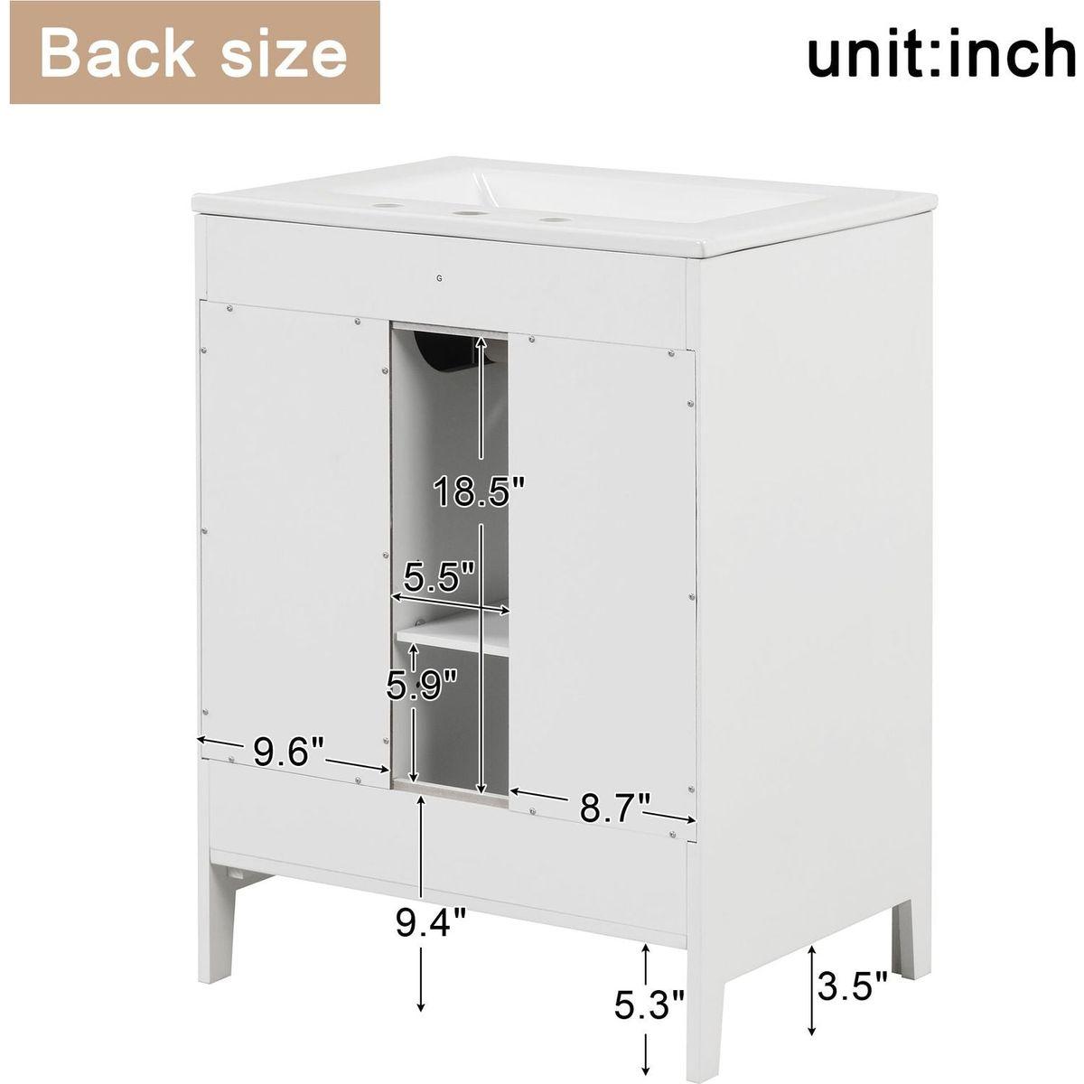 24" Bathroom Vanity with Sink, Bathroom Vanity Cabinet with Two Drawers and Door, Adjustable Shelf, Solid Wood and MDF, White