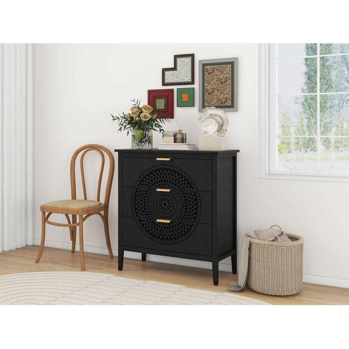 3 Drawer Cabinet with Hollow-Carved 3 Drawer Dresser Storage Chest with Metal Handles For Entryway Living Room Bedroom