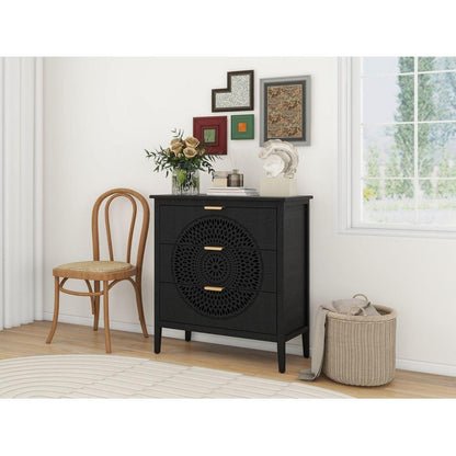 3 Drawer Cabinet with Hollow-Carved 3 Drawer Dresser Storage Chest with Metal Handles For Entryway Living Room Bedroom
