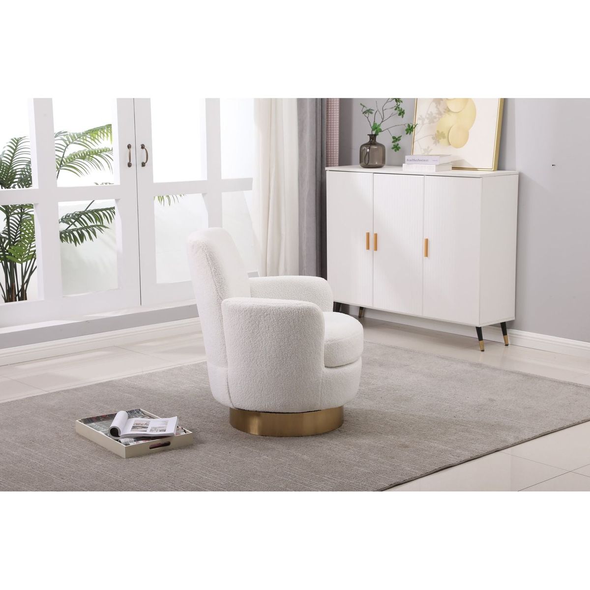 Teddy Swivel Barrel Chair, Swivel Accent Chairs Armchair for Living Room, Reading Chairs for Bedroom Comfy, Round Barrel Chairs with Gold Stainless Steel Base (Ivory)