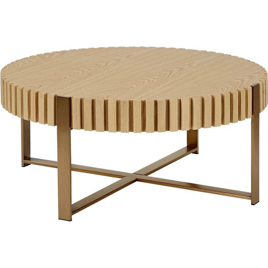 Modern Handcraft Drum Coffee Table 31.5 inch Round Coffee Table for Living Room,Small Coffee Table with Sturdy Pedestal,Natural Ash