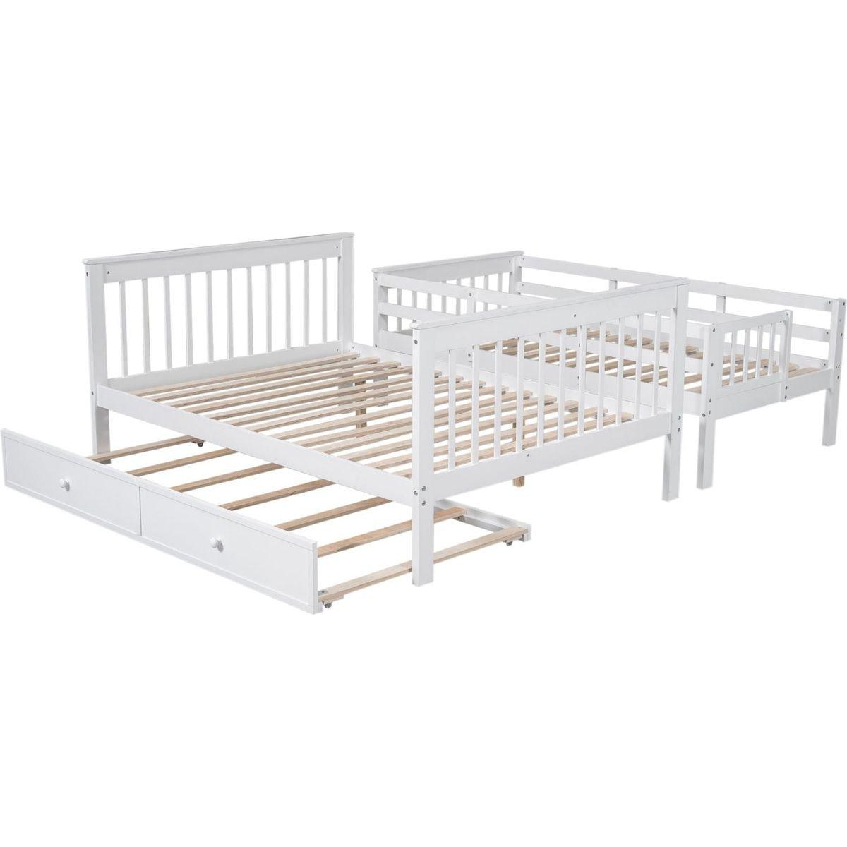 Twin-Over-Full Bunk Bed with Twin size Trundle, Storage and Guard Rail for Bedroom, Dorm, for Adults, White