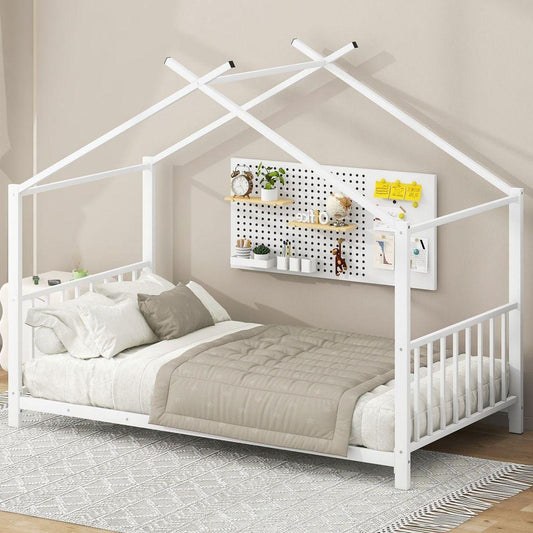 Twin Size Metal House Platform Bed, White