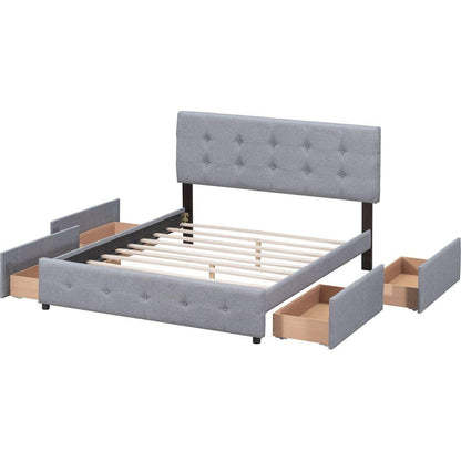Upholstered Platform Bed with Classic Headboard and 4 Drawers, No Box Spring Needed, Linen Fabric, Queen Size Light Gray