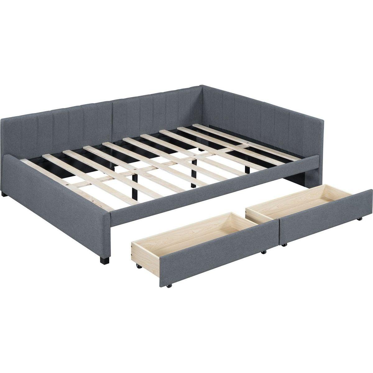 Full Size Upholstered Daybed with 2 Storage Drawers Sofa Bed Frame No Box Spring Needed, Linen Fabric (Gray)