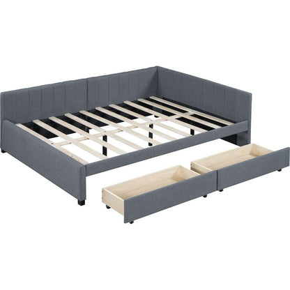 Full Size Upholstered Daybed with 2 Storage Drawers Sofa Bed Frame No Box Spring Needed, Linen Fabric (Gray)