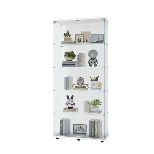 Two Door Glass Cabinet Glass Display Cabinet with 5 Shelves, White