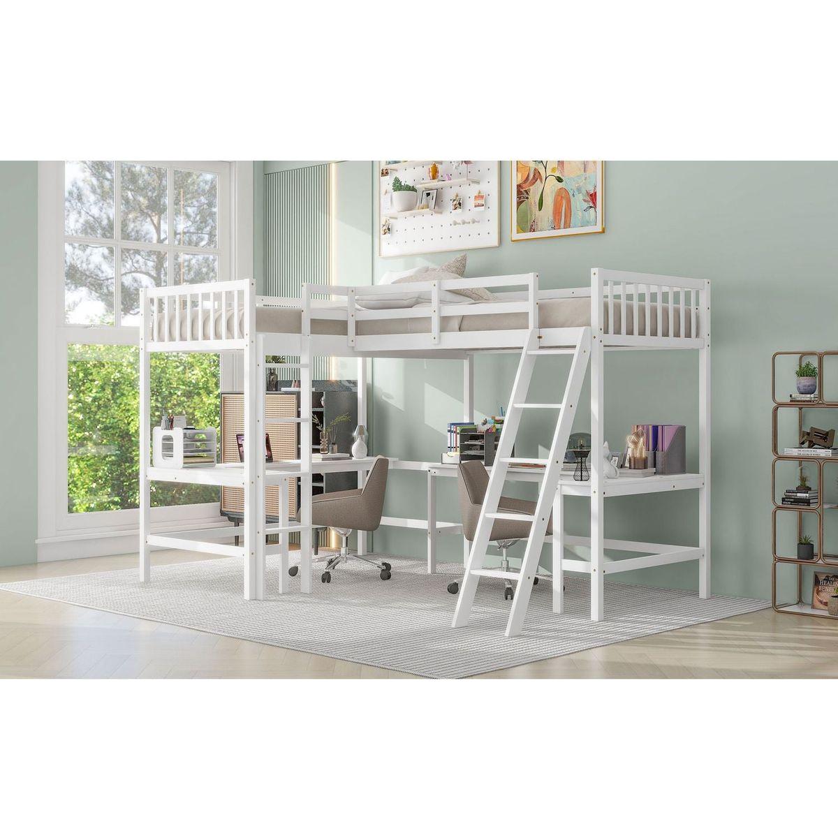 Wood Twin Size L-Shaped Loft Bed with Ladder and 2 Built-in L-Shaped Desks, White
