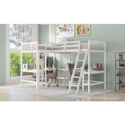 Wood Twin Size L-Shaped Loft Bed with Ladder and 2 Built-in L-Shaped Desks, White