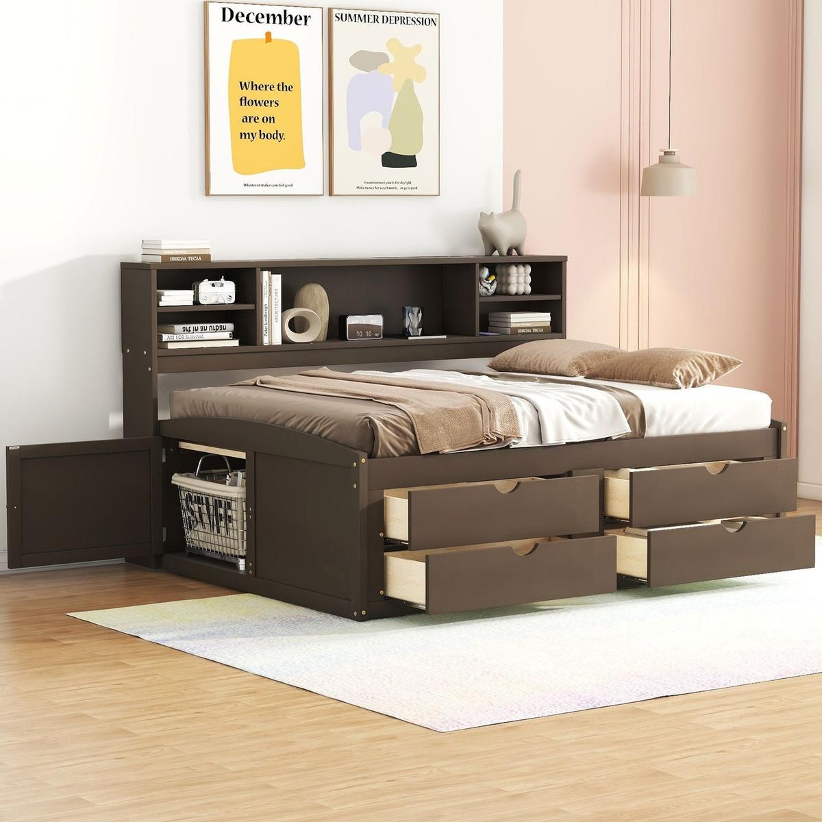 Full Size Wood Daybed with 2 Bedside Cabinets, Upper Shelves and 4 Drawers, Antique Brown