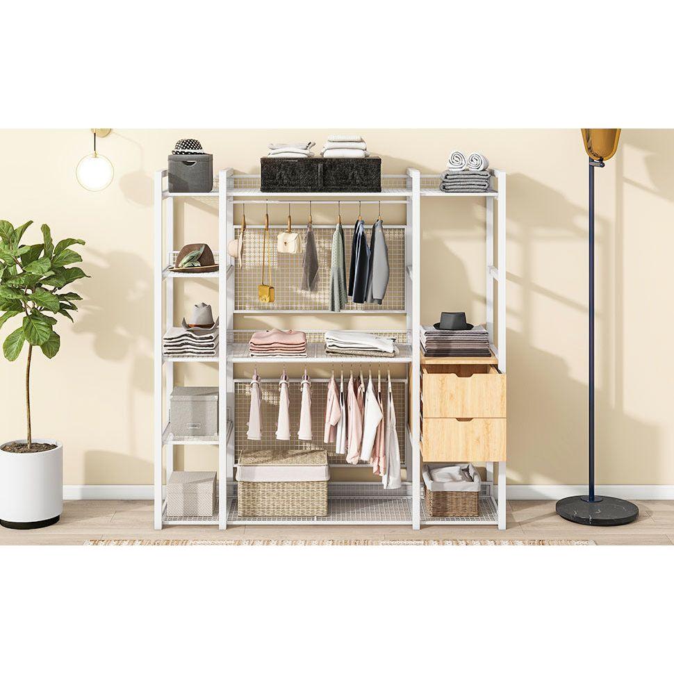 Open-Style Wardrobe with Hanging Rails, Shelves and Drawers, White