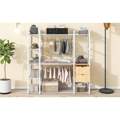 Open-Style Wardrobe with Hanging Rails, Shelves and Drawers, White