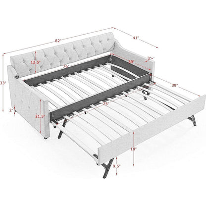 Twin Size Upholstery DayBed with Twin Size Erectable Trundle and USB Charging Design, Linen Grey