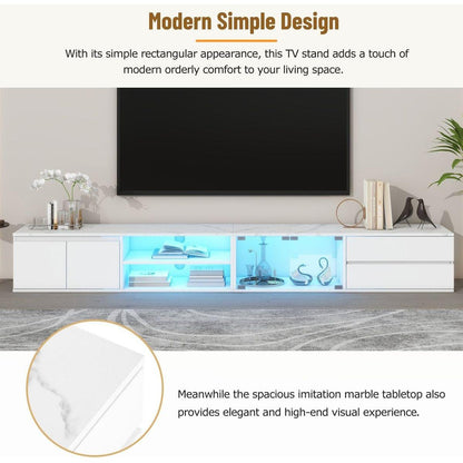 Modern APP Controlled LED TV Stand for TVs Up to 105", Faux Marble Tabletop Media Console with Tempered Glass Doors, Entertainment Center with 2 Drawers & Cabinets for Living Room, White
