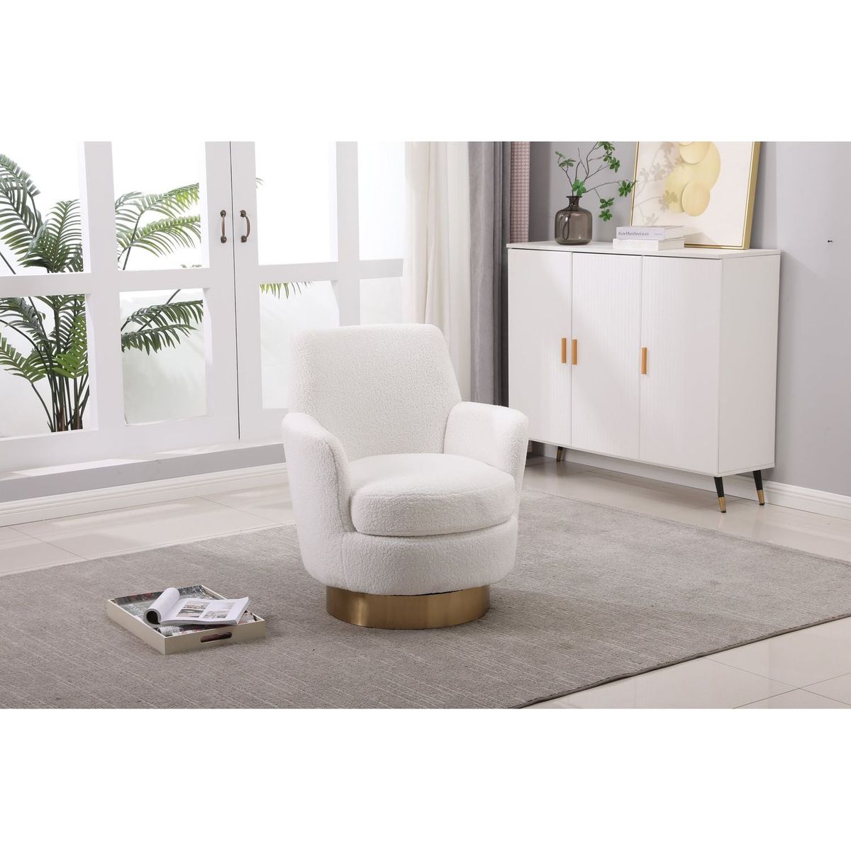 Teddy Swivel Barrel Chair, Swivel Accent Chairs Armchair for Living Room, Reading Chairs for Bedroom Comfy, Round Barrel Chairs with Gold Stainless Steel Base (Ivory)