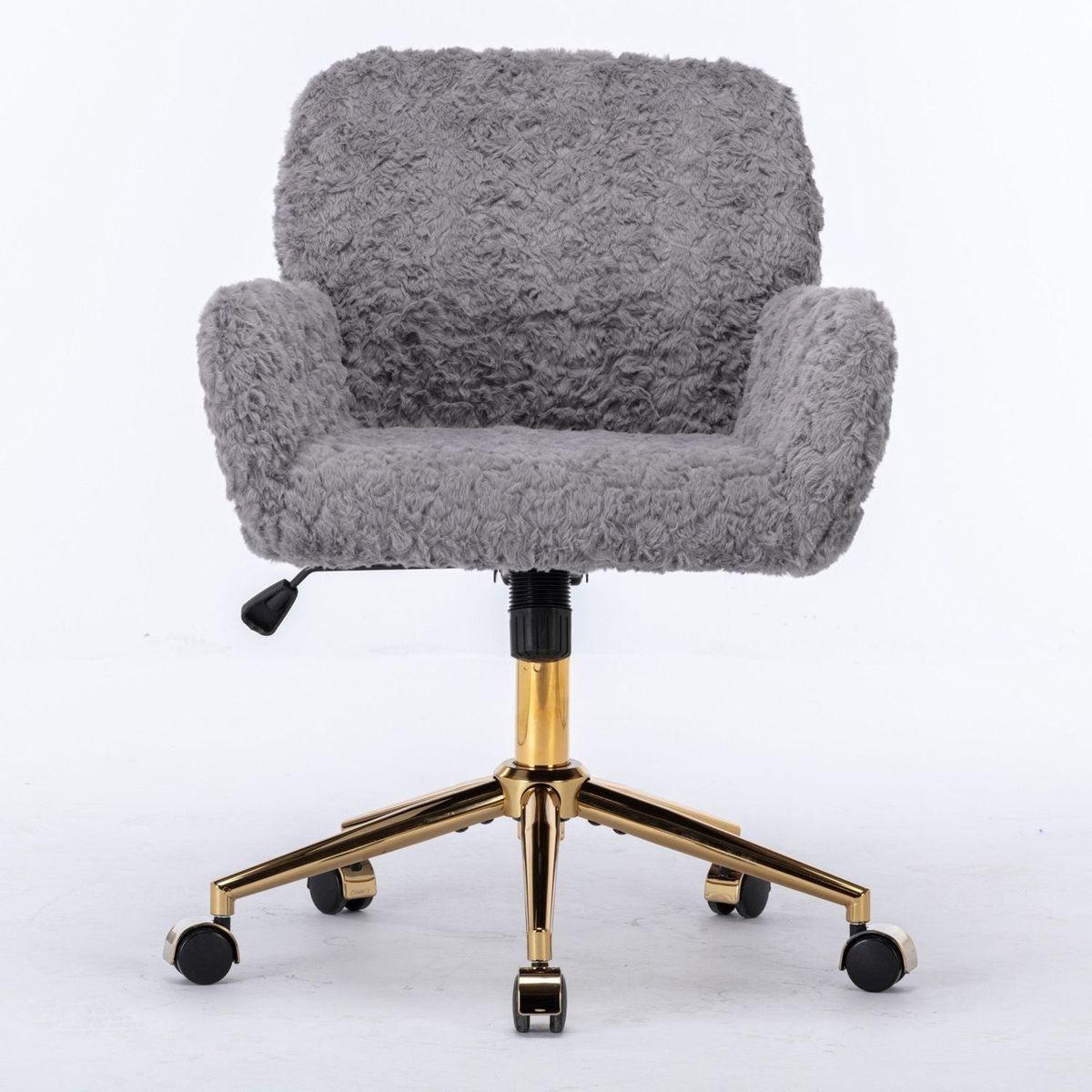 Office Chair,Artificial rabbit hair Home Office Chair with Golden Metal Base,Adjustable Desk Chair Swivel Office Chair,Vanity Chair(Gray)