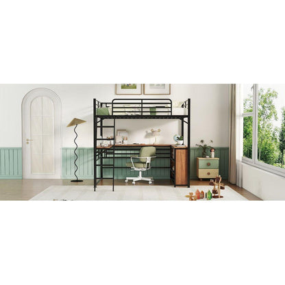 Full Size Metal Loft Bed with 3 Layers of Shelves and L-shaped Desk, Black