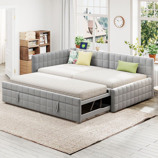 Full Size Upholstered L-Shaped Upholstered Daybed with Twin
Size Pop Up Trundle and USB ports, Gray
