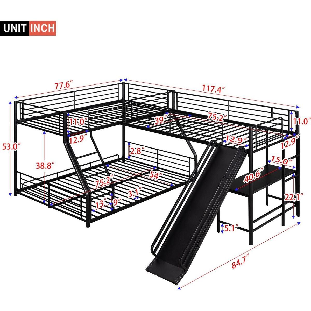 L-Shaped Twin over Full Bunk Bed with Twin Size Loft Bed,Built-in Desk and Slide,Black