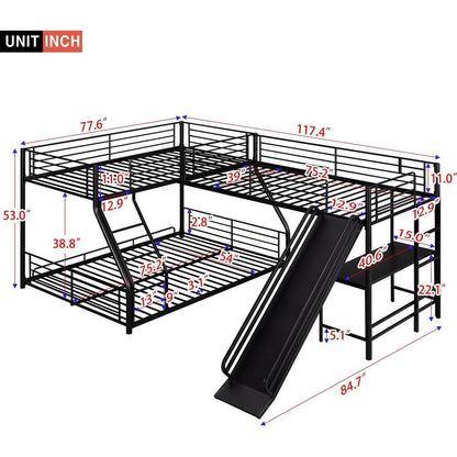 L-Shaped Twin over Full Bunk Bed with Twin Size Loft Bed,Built-in Desk and Slide,Black