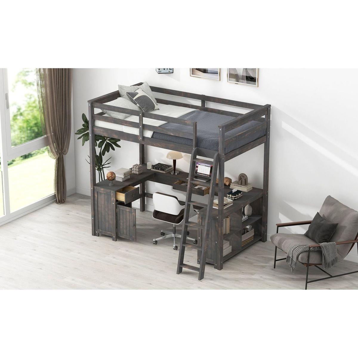Full Size Loft Bed with U-shaped Desk, Drawers and Storage Shelves, Antique Brown