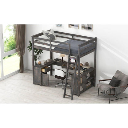 Full Size Loft Bed with U-shaped Desk, Drawers and Storage Shelves, Antique Brown