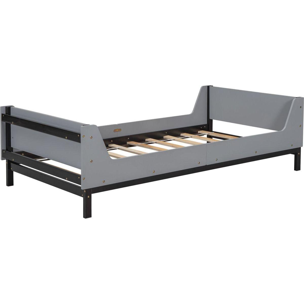 Twin Bed with Headboard, Footboard, Safeguards, Built-in Bed-end Book Storage Rack, Grey