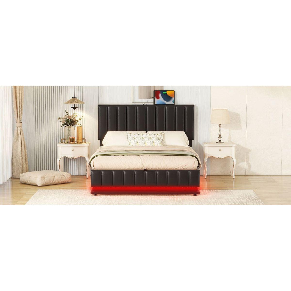 Full Size Upholstered Bed with Hydraulic Storage System and LED Light, Modern Platform Bed with Sockets and USB Ports, Black