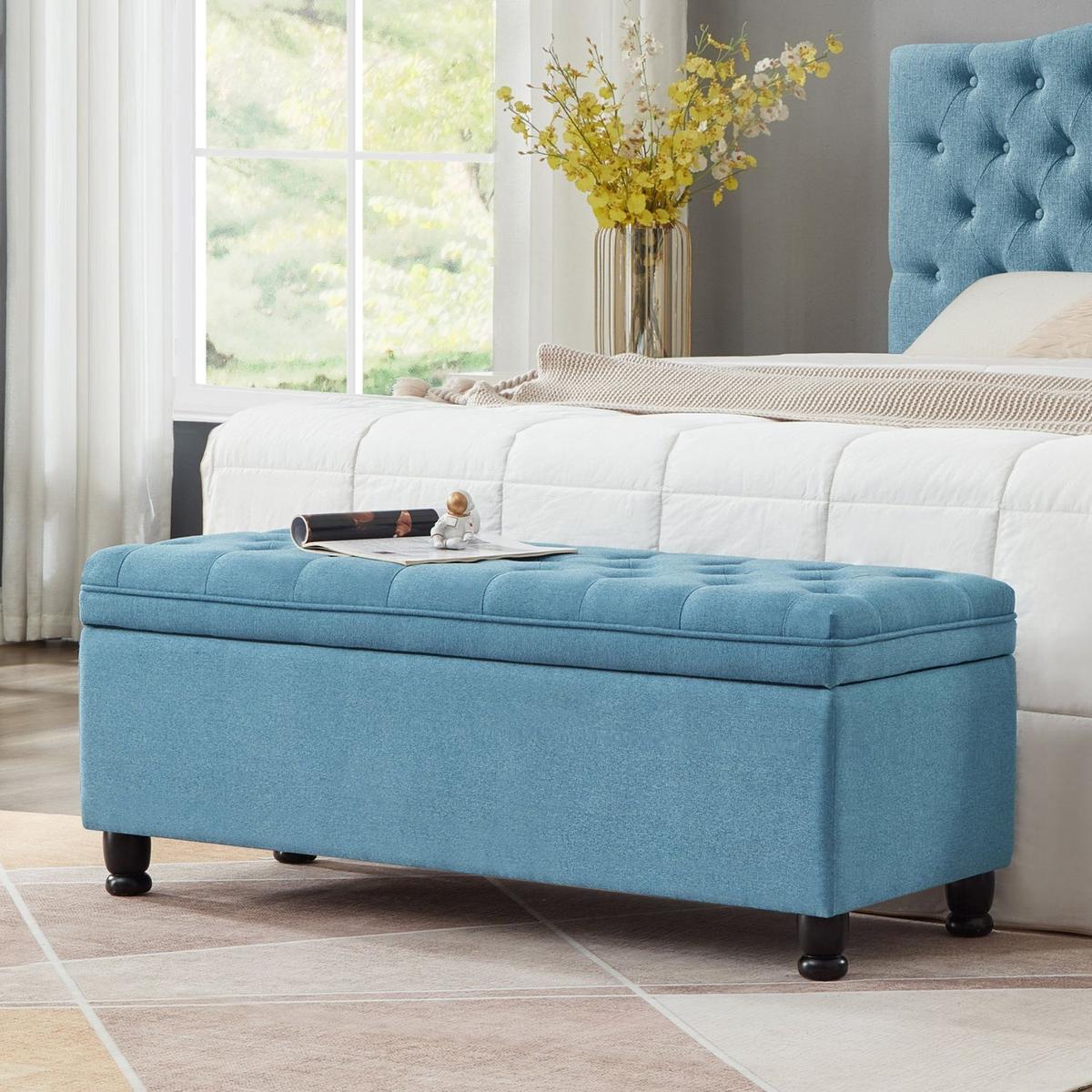Upholstered tufted button storage bench, Linen fabric entry bench with spindle wooden legs, Bed bench- Light Blue