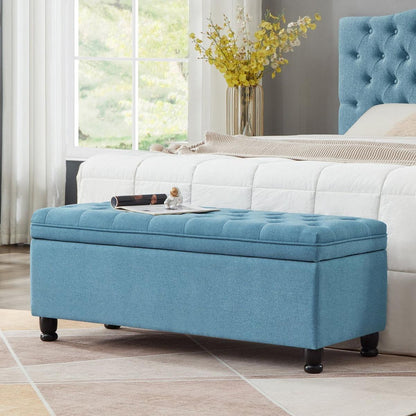 Upholstered tufted button storage bench, Linen fabric entry bench with spindle wooden legs, Bed bench- Light Blue