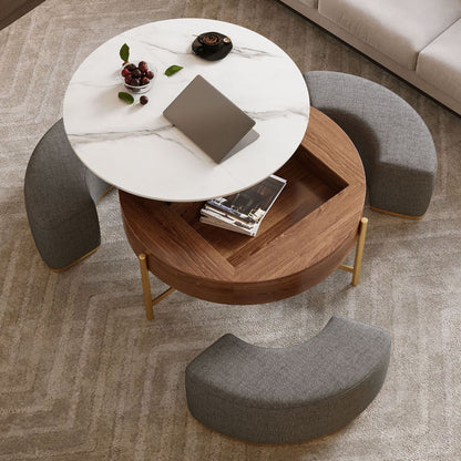 Modern Lift-Top Round Coffee Table with Hidden Storage, Walnut Veneer & Sintered Stone Top,3 Upholstered Nesting Ottomans, Space-Saving Design
