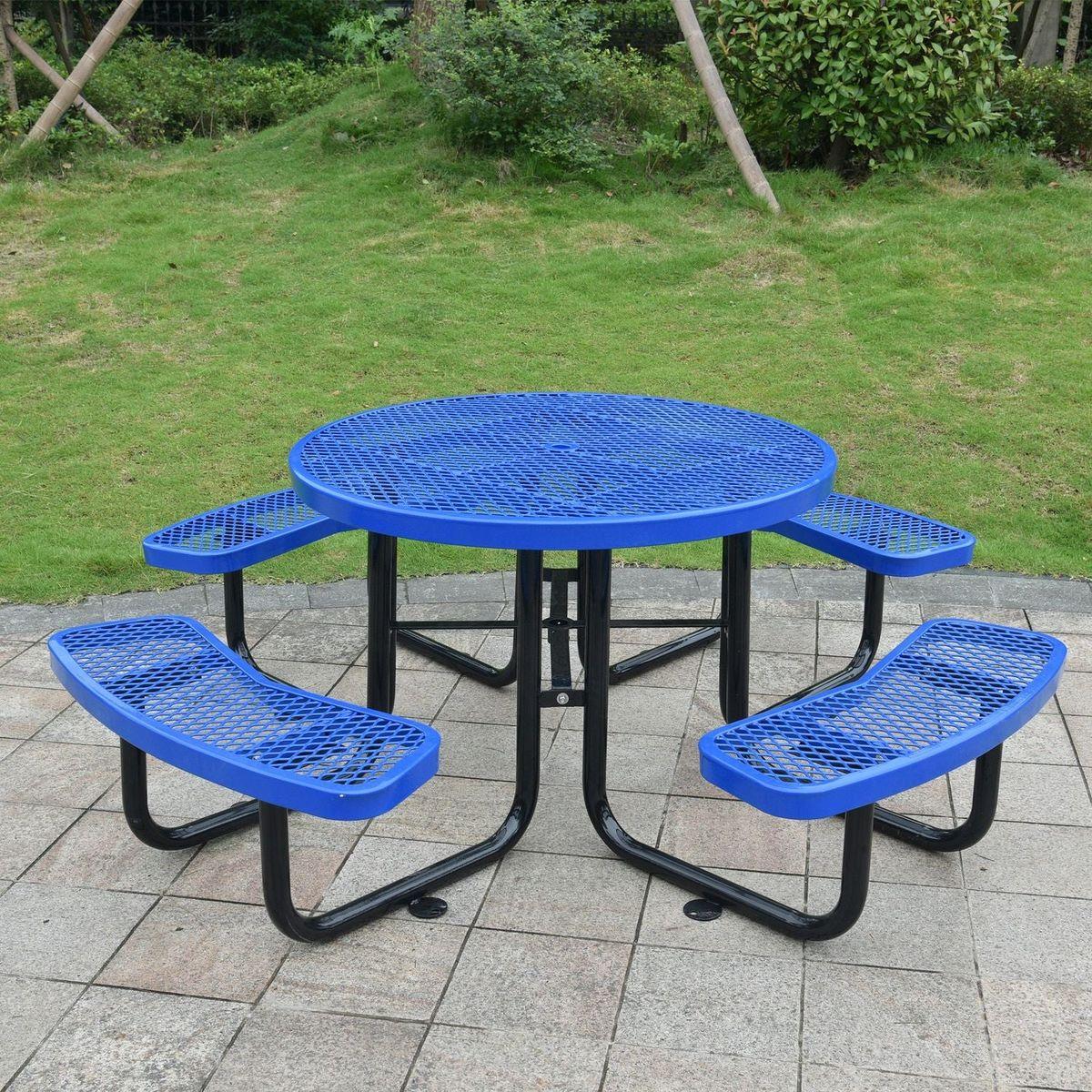 Round Outdoor Steel Picnic Table 46" blue, with umbrella pole