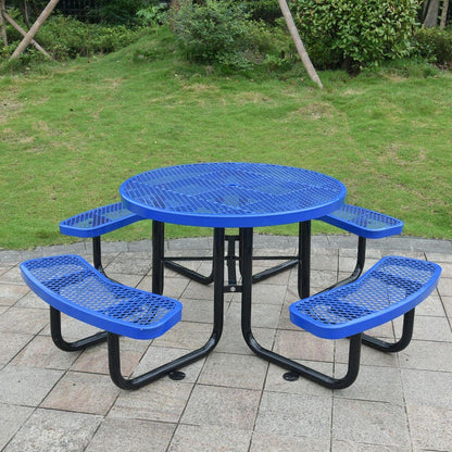 Round Outdoor Steel Picnic Table 46" blue, with umbrella pole