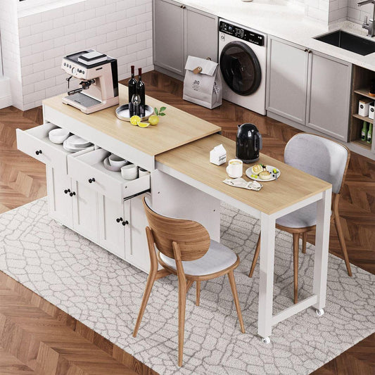 74.5 inch Kitchen Island with Extendable Dining Table , Rolling Kitchen Island on Wheels with Spice Rack and 2 Drawers, Kitchen Storage Cart with 4 Door Cabinet, for Kitchen, Dining Room, White