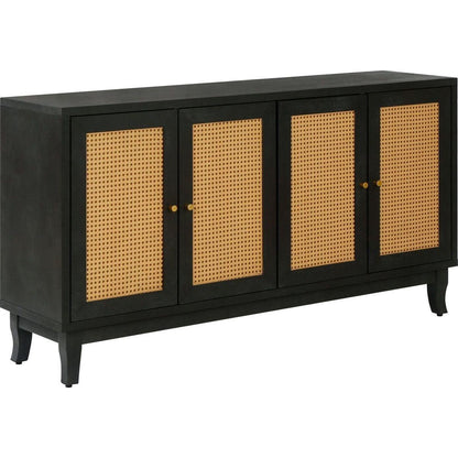 Handcrafted Premium Grain Panels,Rattan Sideboard Buffer Cabinet With 4 Rattan Doors, Modern Storage Cupboard Console Table with Adjustable Shelves for Living Room(Antique Dark Gray)