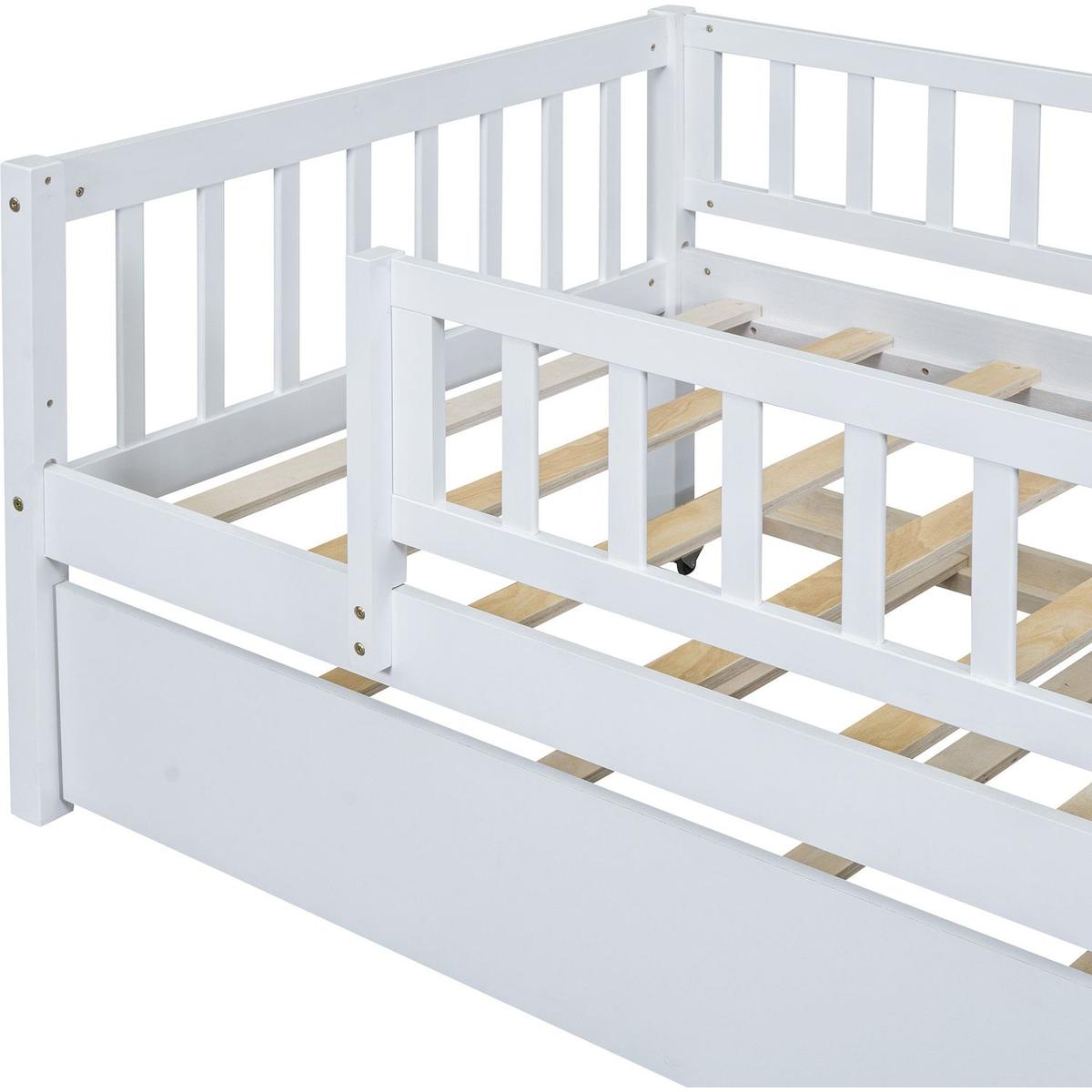 Twin Size Wood Daybed with Trundle and Fence Guardrails, White