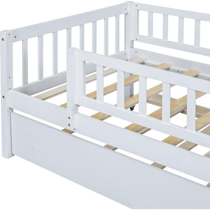 Twin Size Wood Daybed with Trundle and Fence Guardrails, White