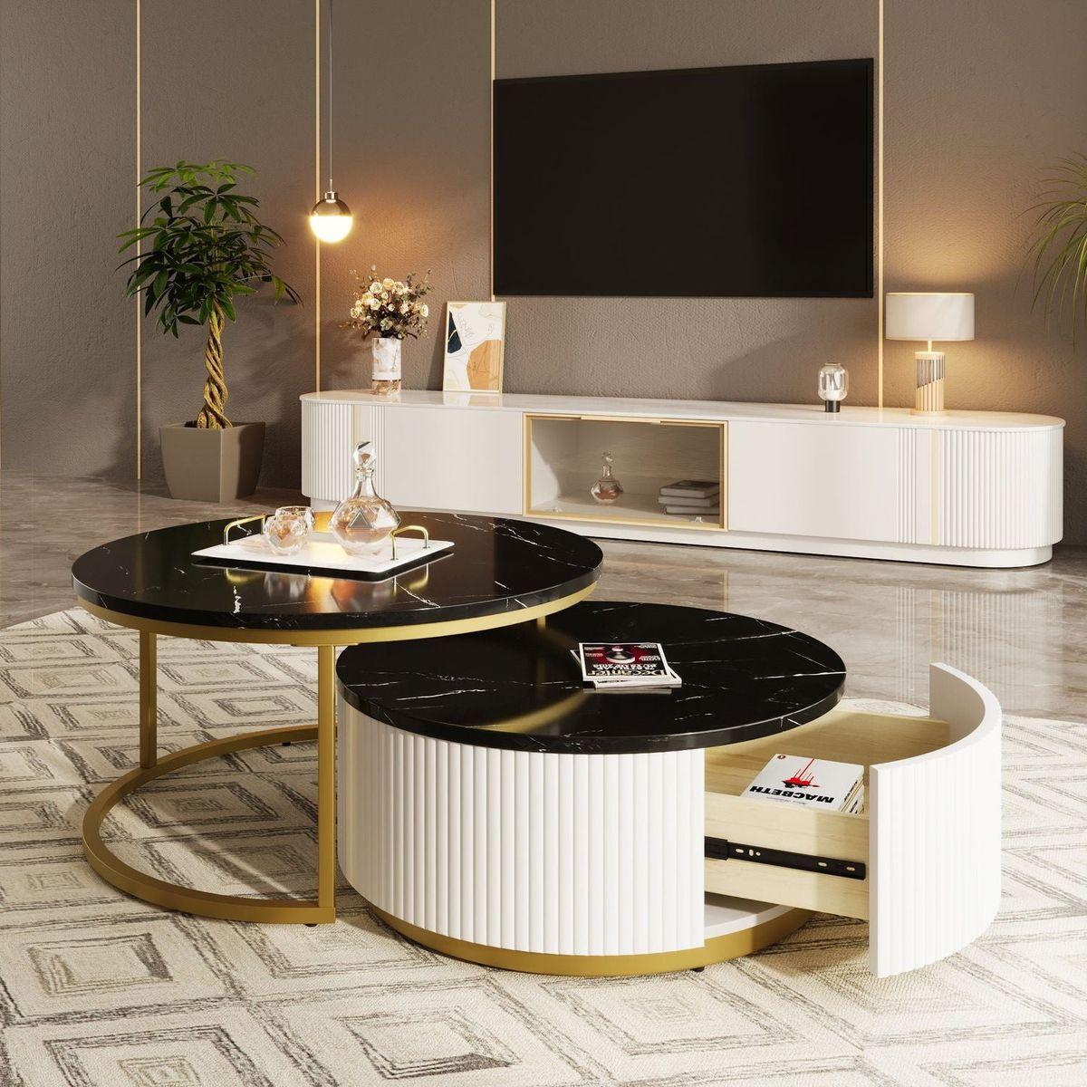 Modern Round Nesting Coffee Table Fluted with Drawer in Black & Gold in 31.5"