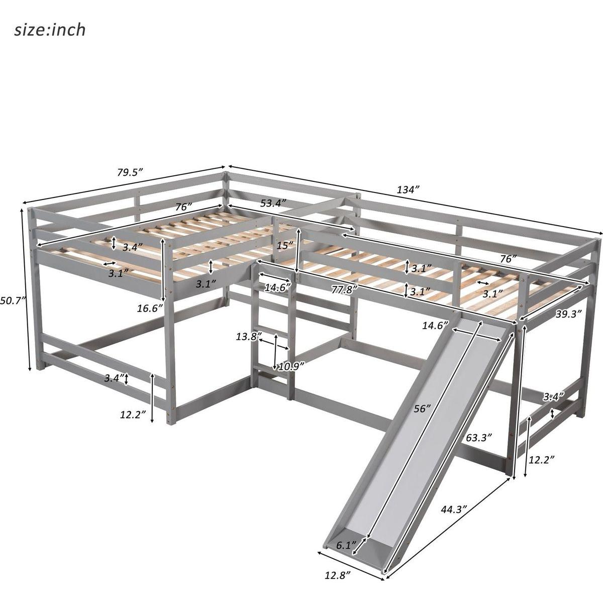 Full and Twin Size L-Shaped Bunk Bed with Slide and Short Ladder,Gray
