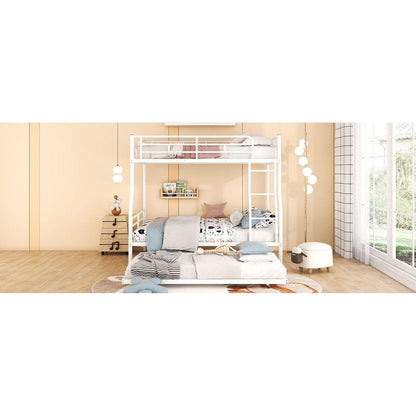 Full XL Over Queen Metal Bunk Bed with Trundle, White